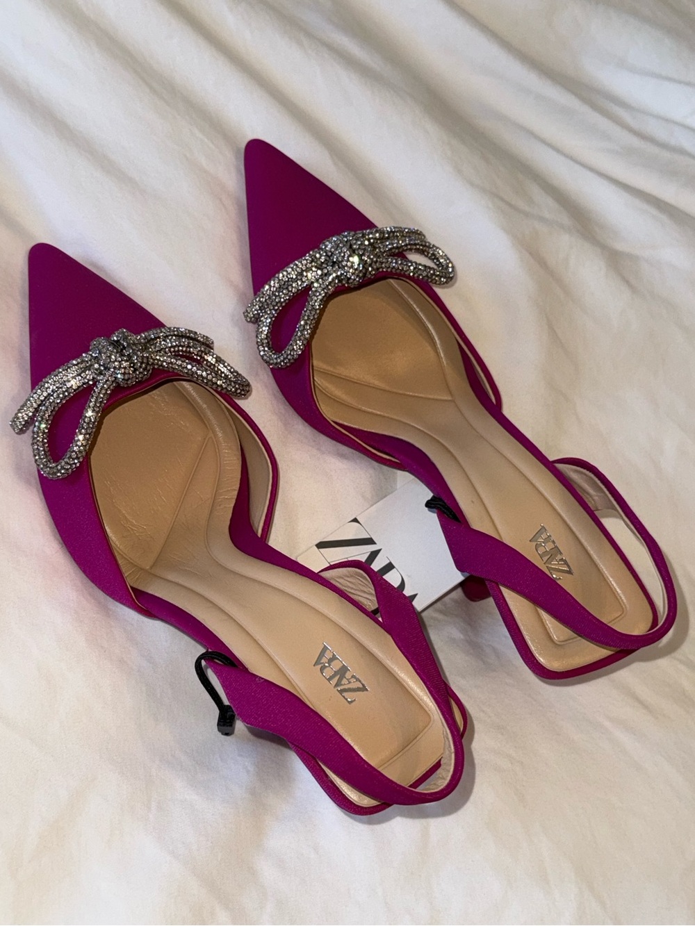 Zara Fuchsia Pink Bedazzled SparklyCrystal-Knot Pointed Slingback Heels size US5
